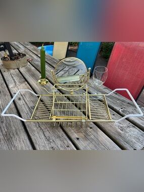 Vintage Brass Bath Caddy with Candle, Mirror, Wine Glass Holder and Book Rest